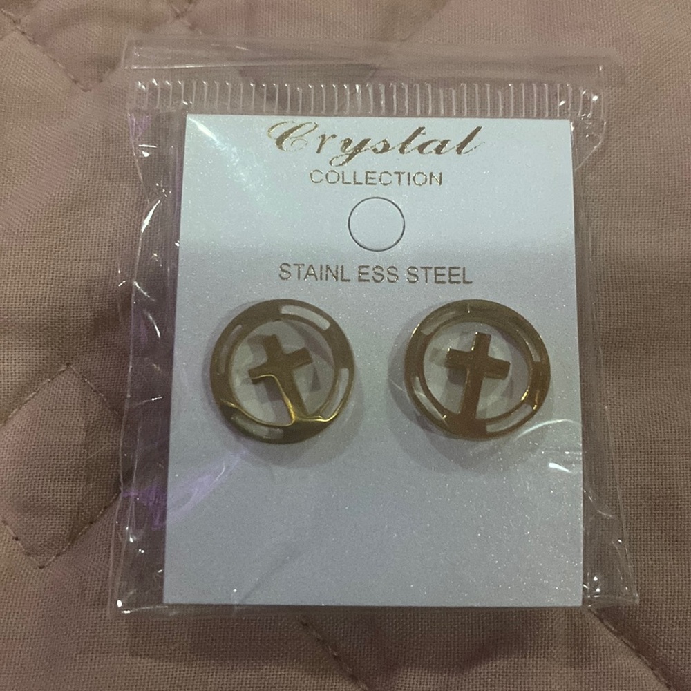 Stainless steel cross earrings in gold